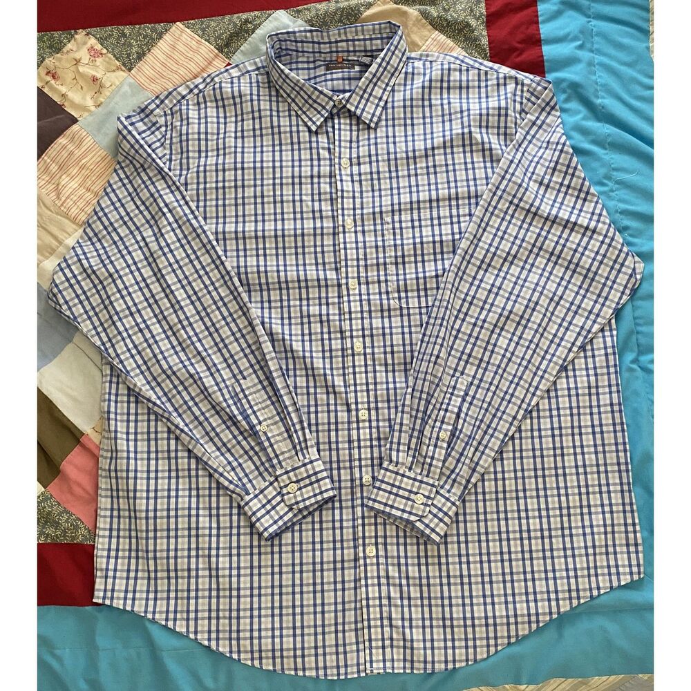 Van Heusen Blue White Checked Long Sleeve Men Shirt Size 2XLT